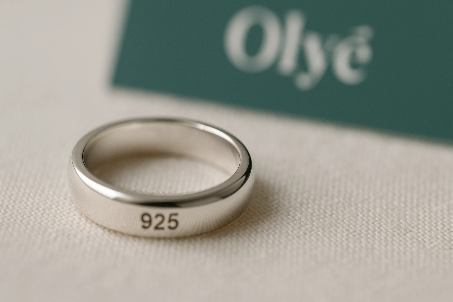 Como saber o valor de uma joia de prata 925: Guia Completo 1 Valor de uma joia de prata 925: Anel de prata 925 da Olye com detalhe do selo de autenticidade em foto de alta definição