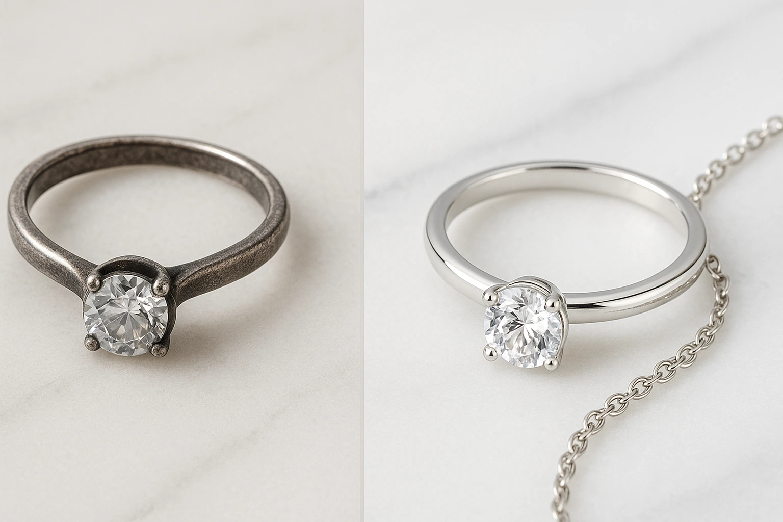 Por Que Suas Joias de Prata 925 Escurecem e Como Preservar o Brilho? 1 Joias de prata antes e depois da oxidação: peça escurecida ao lado de uma joia limpa e reluzente, destacando a diferença no brilho da prata.