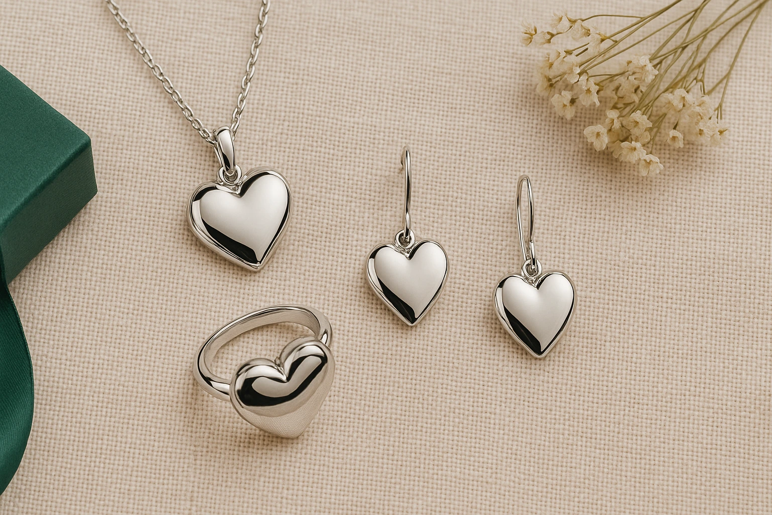 Prata 925 é boa? Descubra tudo sobre a qualidade e vantagens! 1 Prata 925 é boa? Flat lay com joias em prata sobre linho e detalhe verde